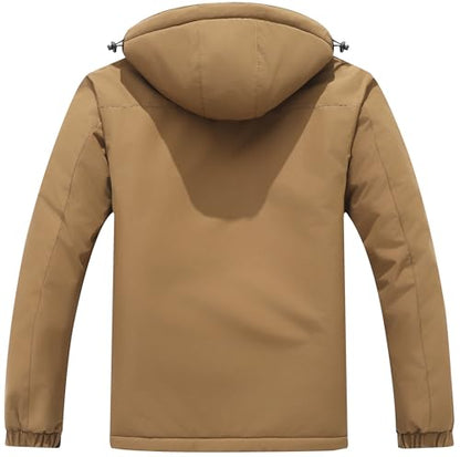 Men's Mountain Ski Jacket Winter Snow Coats Waterproof Warm Fleece Lining Jacket Parka with Hooded - color: Brown, size: Small