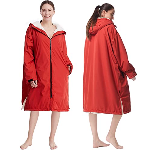 Oksun Waterproof Swim Parka: Windproof Sherpa Fleece Lined Surf Poncho - color: Sherpa Lining, Red