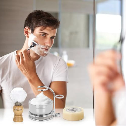 Badger Hair Shaving Brush With Wood Handle, Goat Milk Shaving Soap, Dual-ring Base Stainless Steel Shaving Stand Holder and 3 Layers Shaving Bowl for Men's Wet Shaving (Wood With Badger Hair) - color: Wood With Badger Hair