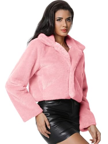 Women's Cropped Faux Fur Jacket with Hidden Pockets and Buttons Plush Shawl Collar Cardigan Sexy Coat - color: Hot Pink, size: Large
