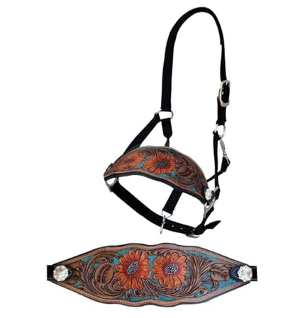 Majestic Ally Equestrian Designer Bronc Halter for Horses, Hand-Tooled Leather Nose, Padded Nylon Crown and Noseband - style: Orange Sunflower