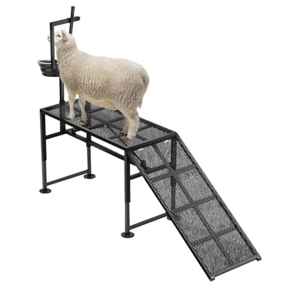 600LBS Goat Milking Stand, Adjustable Height 18.8–28.8", Non-Slip Ramp Livestock Care Stand, Metal Goat Sheep Milking Grooming Hoof Trimming Station with Ramp and Feed Bin for Farm Daily Maintenance
