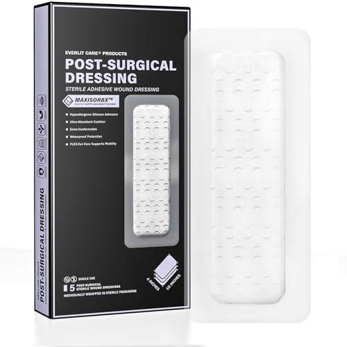 EVERLIT Post-Surgical Dressing | Sterile Waterproof Adhesive Dressing for Post-Operative Wound Care | Hypoallergenic Silicone Coated Bandage for Surgical Incision Pack of 5 (4" x 10") - size: 4" x 10"