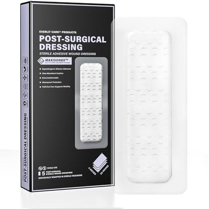 EVERLIT Post-Surgical Dressing | Sterile Waterproof Adhesive Dressing for Post-Operative Wound Care | Hypoallergenic Silicone Coated Bandage for Surgical Incision Pack of 5 (4" x 10") - size: 4" x 10"