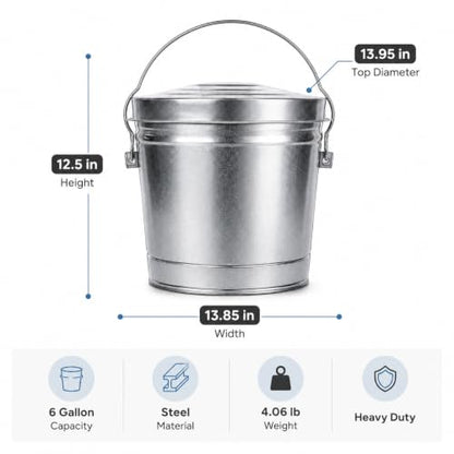 6 Gallon Galvanized Steel Storage Can with Locking Lid, Heavy Duty Rodent-Proof Metal Pail with Wire Bail Handle for Bird Seed, Chicken Feed, Dry Pet Food, Charcoal Ash and Outdoor Storage