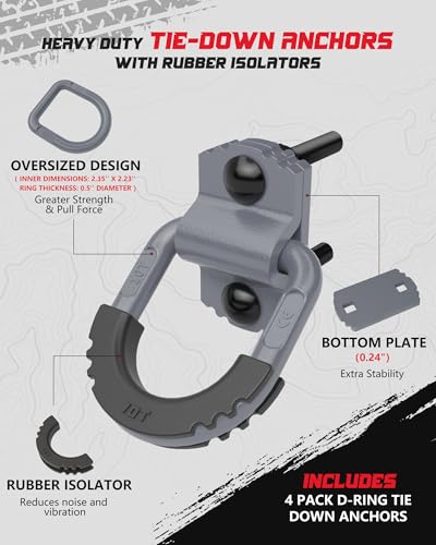 D-Ring Tie Down Anchors with Rubber Isolators, 4 Pack Heavy Duty 10 Ton Capacity Carbon Steel, Bolt-On with Mounting Hardware, Zinc & Powder Coated for Trailer, Truck, Pickup, Garage-Gray - color: Gray