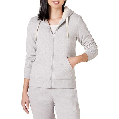 Amazon Essentials Women's Sherpa-Lined Fleece Full-Zip Hooded Jacket with Drawstring (Available in Plus Size) - color: Grey Heather, size: Large