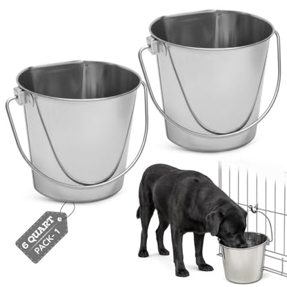 Flat Side Stainless Steel Bucket 6 Quart Hanging Feeding Utility Pail for XL Dog Goat Sheep Livestock, Fits Kennel Cage Crate Farm, Heavy Duty Food & Water Feeder, 1.5 Gallon Silver 2Pack - size: 6 Quart (Pack of 2)
