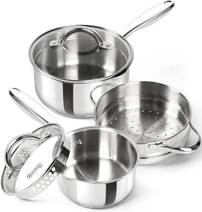 MICHELANGELO 18/10 Stainless Steel Saucepan Set with Steamer, 1QT & 2QT - size: 1+2QT