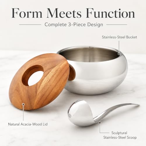 nambe Scoop Ice Bucket | Insulated Ice Bucket with Lid and Ice Scoop | Stainless Steel Chiller for Cocktail Bar, Parties Barware and Serve ware | Home Bar & Bar Cart Accessory | Dishwasher Safe | Insulated, Stainless Steel and Acacia Wood, 9"D x 5.7"H