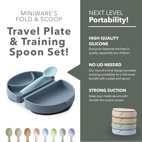 Miniware Fold & Scoop Baby Feeding Set - Silicone Travel Baby Plate With Suction & Baby Spoon - Compact, Portable, Dishwasher-Safe, Suction Base for Mess-Free Eating (Aquamarine and Aqua) - color: Aquamarine & Aqua