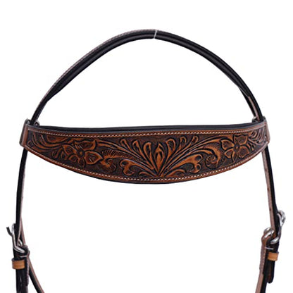 Majestic Ally Horse Headstall, Natural, Super Leather, Antique, Tooling, Quick Bit Change Padded Western Browband Headstall - color: Natural