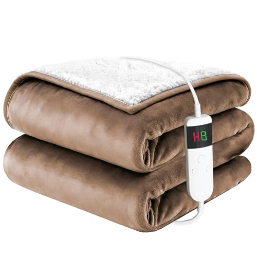 Electric Blanket Heated King, Soft Flannel 100"x90" Heating Blanket with 8 Hours Auto Off 10 Fast Heating Levels Machine Washable Sherpa Heated Blanket with Overheating Protection - color: Tan, size: King(100" x 90")