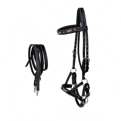 Horse Western Leather Tack Beaded Bitless Sidepull Bridle Reins 77RT17 - color: Black/Beaded