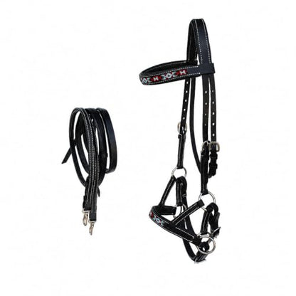 Horse Western Leather Tack Beaded Bitless Sidepull Bridle Reins 77RT17 - color: Black/Beaded