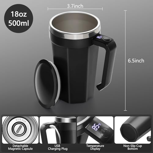 Self Stirring Coffee Mug with Temperature Display, 18 oz Rechargeable Self Stirring Mug with Lid, Automatic Self Stirring Cup, Coffee Mug with Stainless Steel for Coffee, Milk, Beverages, Black - color: Black