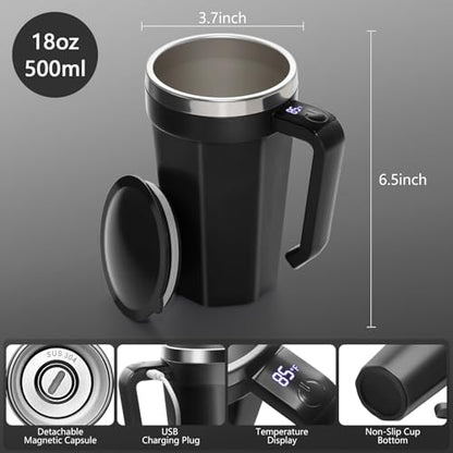Self Stirring Coffee Mug with Temperature Display, 18 oz Rechargeable Self Stirring Mug with Lid, Automatic Self Stirring Cup, Coffee Mug with Stainless Steel for Coffee, Milk, Beverages, Black - color: Black