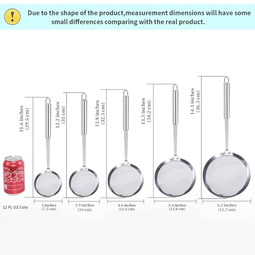 Newness Fine Mesh Strainer Set of 5 with Handle, 304 Fine Mesh Stainless Steel Colander, Wire Strainers for Kitchen, Fat Oil Strainer Skimmer Spoon, Durable Metal Multipurpose for Food, Rice, Quinoa - size: 5 Pack