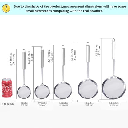 Newness Fine Mesh Strainer Set of 5 with Handle, 304 Fine Mesh Stainless Steel Colander, Wire Strainers for Kitchen, Fat Oil Strainer Skimmer Spoon, Durable Metal Multipurpose for Food, Rice, Quinoa - size: 5 Pack