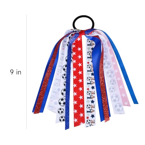 Girls Soccer Ponytail Cheer Bow with Streamers Glitter Red White Blue Sports Hair Ribbons Elastic Hair Tie Bands Soccer Team Game Day Accessories Gift for Cheerleader Moms Player Women - color: Soccer-U
