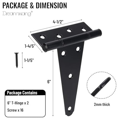6 Inch T-Strap Gate Hinges, Heavy Duty Shed Barn Door Hinges, Black Tee Hinges for Wooden Fence, Yard Gate, Wrought Hardware Iron Rustproof (2 Pack) - size: 6 Inch