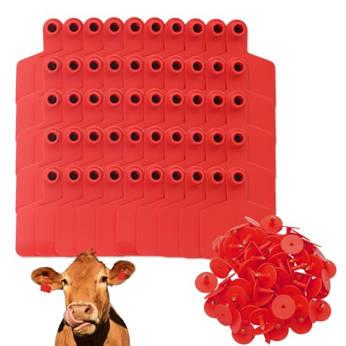 100 Pcs Blank Cattle Ear Tags Large TPU Livestock Identification Tags for Cattle Cow Sheep Goat Pig Hog Calf Horse Farm Management Animal Identification Durable Weather Resistant (Red) - color: Red