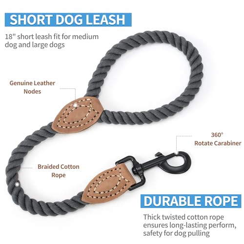 Mile High Life Dog Leash Braided Cotton Rope with Leather-Reinforced Ends - color: Dark Grey, size: 18 Inch-1/2"