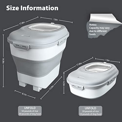 Viretec Cereal Rice Storage Containers, 20 to 50Lbs Collapsible Dry Food Dispenser Bins with Airtight Flip Lid Rolling Wheel, Kitchen Pantry to Store Sugar Flour, Dog Pet Cat Food Holder Container - color: White