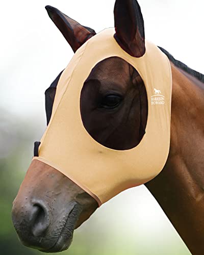 Harrison Howard Super Comfort Stretchy Fly Mask Large Eye Space with UV Protection Soft on Skin with Breathability Champagne Gold M Cob - color: Champagne Gold, size: Cob (Medium)