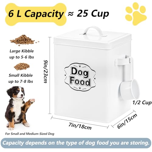 Youeon 5-7 Lbs(25 Cup) Metal Dog Food Storage Container with Lid and Scoop, Airtight Dog Treat Container, Farmhouse Pet Food Storage Container, Cute Dog Food Canister, Gift for Dogs and Owners, White