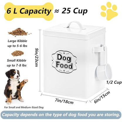 Youeon 5-7 Lbs(25 Cup) Metal Dog Food Storage Container with Lid and Scoop, Airtight Dog Treat Container, Farmhouse Pet Food Storage Container, Cute Dog Food Canister, Gift for Dogs and Owners, White