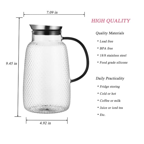 Purefold Pitcher with Lid, Glass Jug with Stainless Steel Lid for Hot and Cold Water, Fruit Tea, Coffee Maker, Ice Tea, Juice, Pineapple Series (Clear, 80 oz) | Fruit tea, coffee, iced tea, juice jug. Leakproof, dishwasher safe. BPA free Pineapple Series