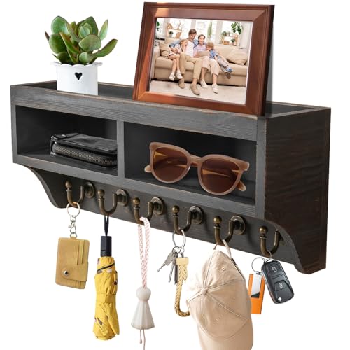 Key Holder Wall Mount with Mail Organizer, 6 Hooks & Shelf, Black | Wood Key Holder Wall Mount with 6 Key Hooks, Shelf & Storage Box and Mail Organizer for Entryway, Apartment, Home and Office - color: Black