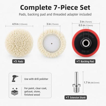 QWORK Wool Polishing Pad Set, 5PCS 3 Inch 75mm Buffing Pads with Hook and Loop Backing Pad & Extension Shank for Drill Polisher, Car Paint Scratch Oxidation Removal