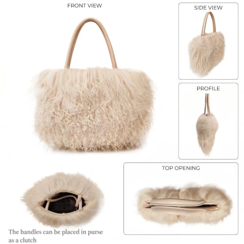 Women Luxury Real Curly Mongolian Lamb Fur Purse - color: Ivory