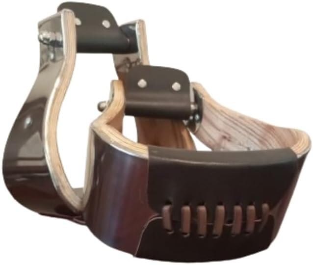 Wooden Wide Western Steel & Leather Covered Stirrups, Wooden Bell Saddle Stirrups (Size: 5.0") - size: Size: 5.0"