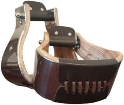 Wooden Wide Western Steel & Leather Covered Stirrups, Wooden Bell Saddle Stirrups (Size: 5.0") - size: Size: 5.0"