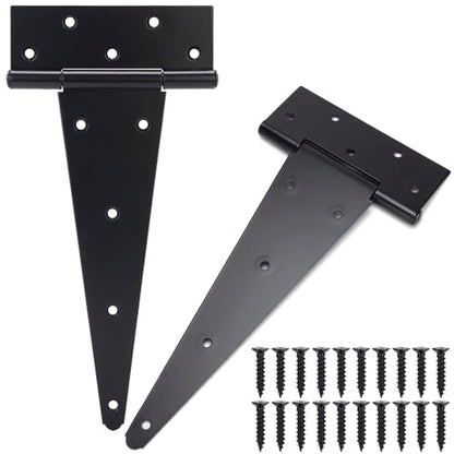 12 Inch T-Strap Gate Hinges, Shed Barn Door Hinges Heavy Duty, Black Tee Hinges for Wooden Fences, Yard Gate, Wrought Hardware Iron Rustproof (2Pack/Set) - size: 12 Inch