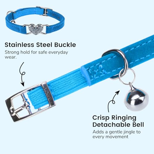 BINGPET Diamond Cat Collar with Bell, Adjustable Kitten Collar, Blue - color: Blue(Heart), size: Neck Girth 8"-10"