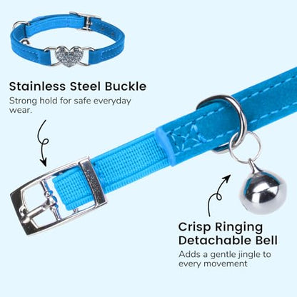 BINGPET Diamond Cat Collar with Bell, Adjustable Kitten Collar, Blue - color: Blue(Heart), size: Neck Girth 8"-10"