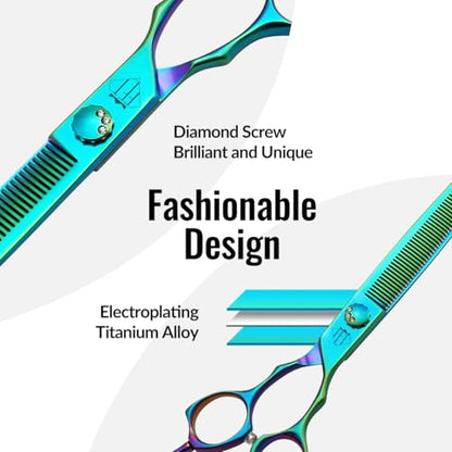 Dog Grooming Scissors: 7" Straight Pet Shears Skeletonized blade Made Of Japanese 440C for Trimming Dogs Cats and Other Pets Green (Thinning G, 7") - style: Thinning