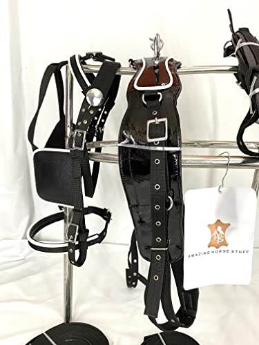 Black Patent Nylon Driving Harness for Single Horse Cart with White Piping/Trim (Full, Cob, Pony, Shetland & Mini) - size: Mini