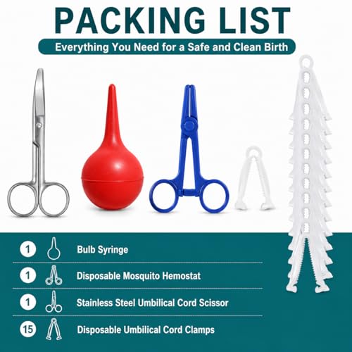 Animal Birth Kit with 15 Umbilical Cord Clamps, Curved Stainless Steel Scissors, Disposable Hemostat & Bulb Syringe, Newborn Delivery Supplies for Puppies, Piglets, Lambs, Calves & Farm Animals