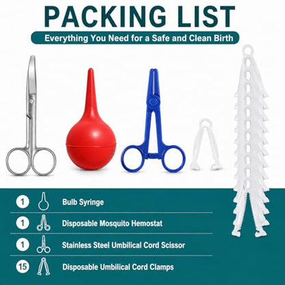 Animal Birth Kit with Curved Scissors, Disposable Umbilical Clamps, Hemostat, Bulb Syringe, Safe Delivery for Puppies, Kittens, Lambs, Piglets & Calves, Farm & Home Use