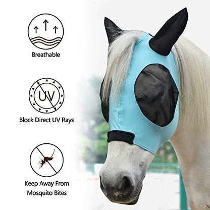 Stretchy Horse Fly Mask with Ears, Large Eye Space Paleblue Full - color: Pale Blue, size: Full