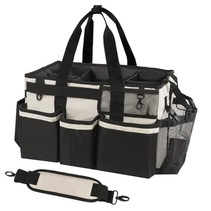 SCAVATA Wearable Cleaning Caddy, Cleaning Caddy Supplies Organizer with Handle & Shoulder Straps for Housekeepers, Under Sink & Car Cleaning Tool Organizers Bag with 4 Foldable Divider (Beige) - color: Beige