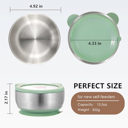 MR. CHOU Baby Bowls with Non-Slip Silicone Suction Cup, Insulated Double-Layer 18/8 Stainless Steel Toddler Bowls with BPA Free Airtight Lids, Food-Grade Silicone Safe for Kids (Green) - color: Green