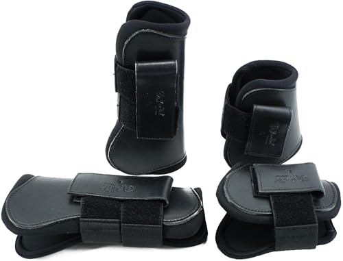 Jeereal Horse Tendon Brushing Boots Open Front & Fetlock Boot | Protective Gear and Training Equipment |Neoprene,Breathable Waterproof Fabric and Genuine Leather | 4 Set - color: Black, size: Cob (Medium)