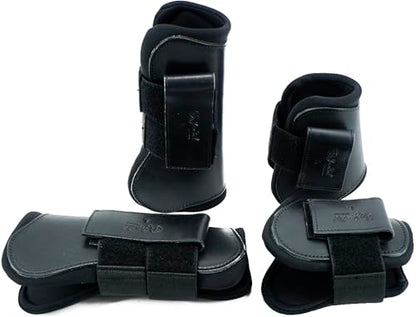Jeereal Horse Tendon Brushing Boots Open Front & Fetlock Boot | Protective Gear and Training Equipment |Neoprene,Breathable Waterproof Fabric and Genuine Leather | 4 Set - color: Black, size: Pony (Small)