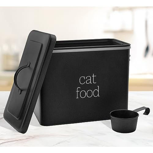 AuldHome Design Farmhouse Cat Food Container (Black) Enamel Look Rustic Cat Food Bin with Scoop